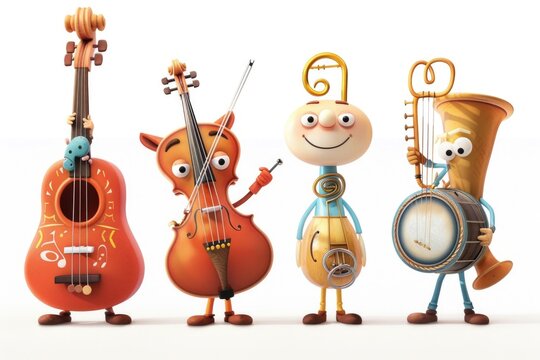 Colorful illustration of cartoon characters playing various instruments