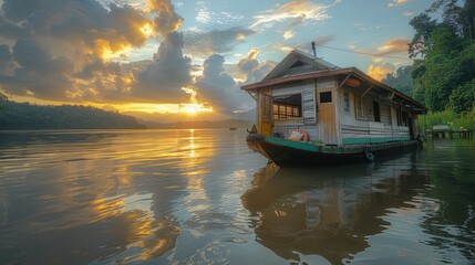 Fototapeta premium A peaceful scene of a charming wooden houseboat anchored on a serene lake surrounded by lush forest under a dramatic sunset sky with reflecting clouds