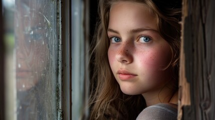 A young girl peers out of an open window with a contemplative expression