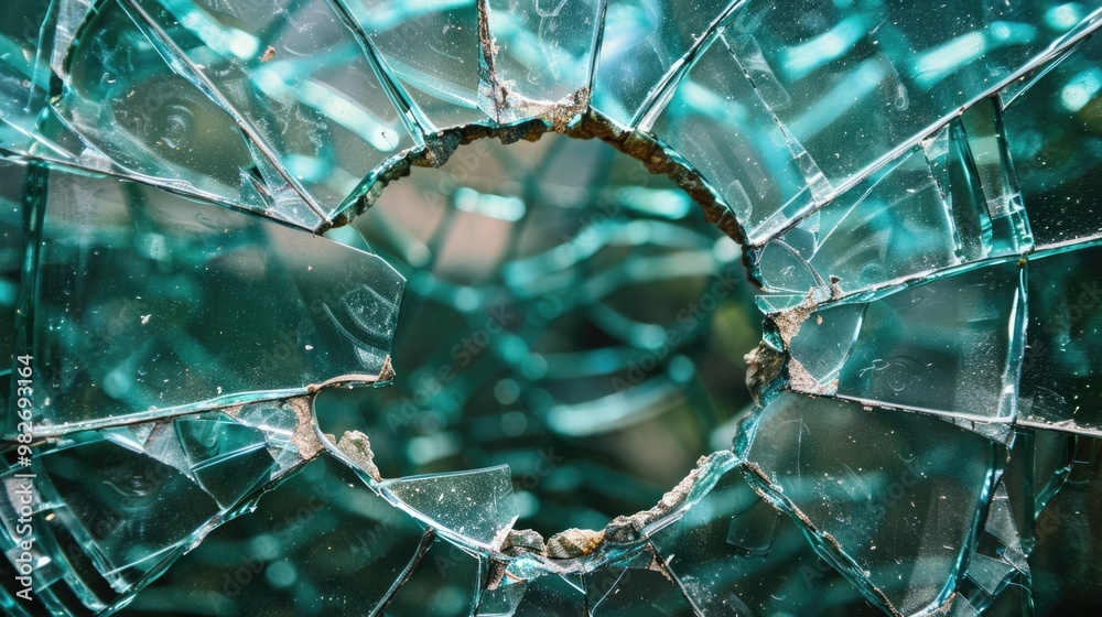 Poster a broken glass window with a hole in it