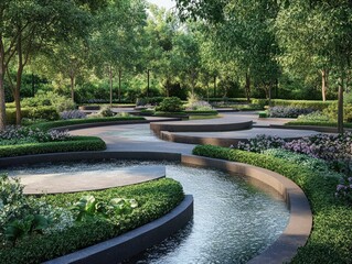 Fototapeta premium A park designed for meditation, with quiet seating areas surrounded by gardens and flowing water