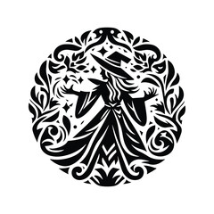 wizard female with folk art decoration in black and white illustrations, cutout graphic