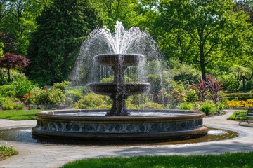 A park fountain spraying water into the air, surrounded by manicured gardens and trees