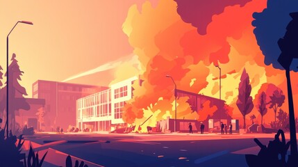 Flames And Smoke At University Campus Site Risk Of Large Fire Near Fire Department Location