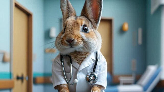 Bunny wearing a doctor coat and medical stethoscope, cute animal health profession