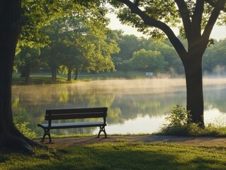 Fototapeta premium A peaceful morning in a park, with mist rising from a lake and a lone park bench overlooking the water