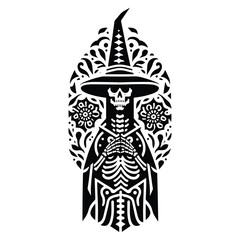Naklejka premium wizard skeleton with folk art decoration in black and white illustrations, cutout graphic