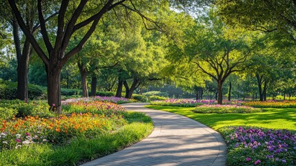 Obraz premium A peaceful park with a colorful flower garden and a path winding through tall trees