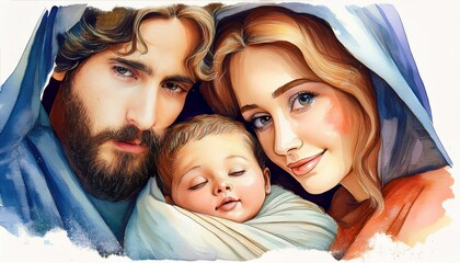 Holy Family, Baby Jesus, Joseph and Mary. Watercolor © Monika