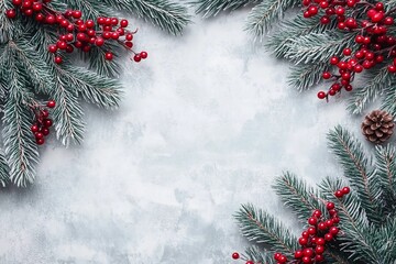 Christmas composition. Fir tree branches, red berries on gray background. Christmas, winter, new year concept. Flat lay, top view, copy spaceChristmas composition.