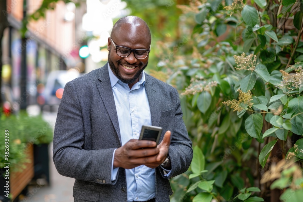 Poster professional man examining mobile device