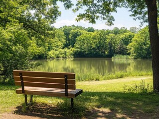 Obraz premium A scenic park with a wooden bench overlooking a peaceful lake and surrounding nature