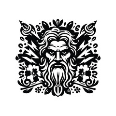 Fototapeta premium Zeus greek god with lighting rod with folk art decoration in black and white illustrations, cutout graphic black and white illustration