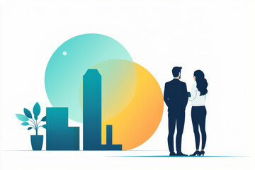 A man and a woman in business attire stand facing a city skyline.