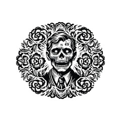 Fototapeta premium zombie male with folk art decoration in black and white illustrations, cutout graphic