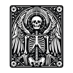 Obraz premium angel skeleton with tarot card in black and white illustrations, cutout graphic