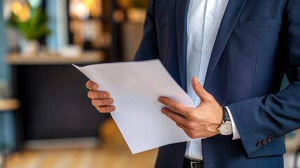 Confident professional in tailored suit holding a resume in minimalist office environment, ready for interview or business opportunity