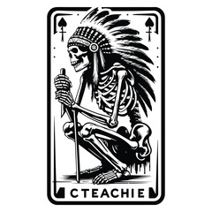 Obraz premium apache skeleton with tarot card in black and white illustrations, cutout graphic
