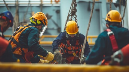 A team of workers, conducting a safety drill for confined space rescue