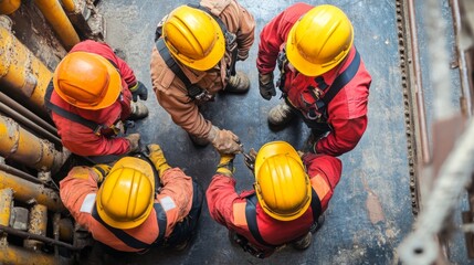 A team of workers, conducting a safety drill for confined space rescue