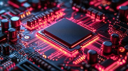 Fototapeta premium computer processor on a high tech printed circuit board with microprocessor silicon chip semiconductors and hardware system design