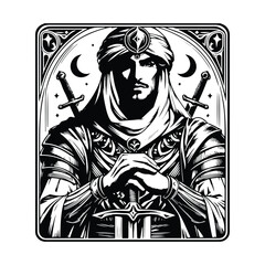 Arabian warrior male with tarot card in black and white illustrations, cutout graphic black and white illustration