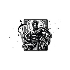 Obraz premium Ares greek god with tarot card decoration in black and white illustrations, cutout graphic