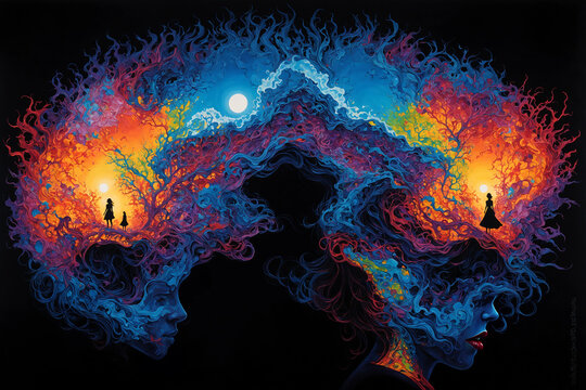 Two minds connected together at mental or quantum level, colorful conceptual illustration showing female faces.