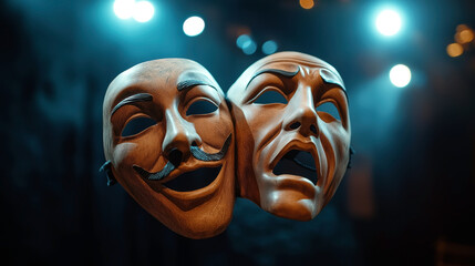 Close-up of two wooden theatrical masks, one representing comedy and the other representing tragedy, with a blurred background featuring stage lights.