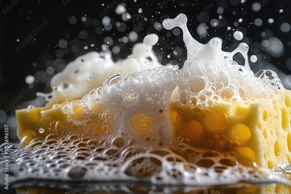 Poster A close-up view of a sponge on a plate, often used in kitchen or food-related contexts