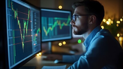 Professional Trader Analyzing Market Data on Multiple Computer Screens in Office