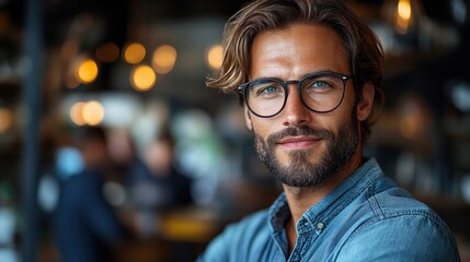 Fototapeta premium A portrait of a confident man with glasses and a beard, dressed in a casual denim shirt, posing in an indoor setting with a blurred background of warm lights