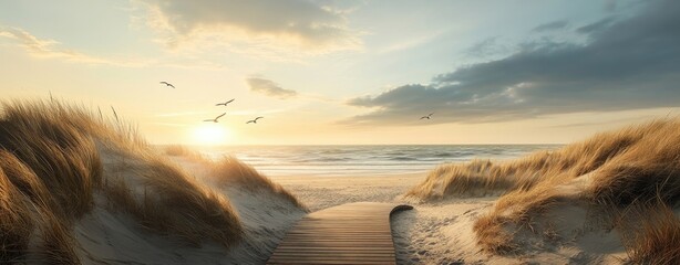 Golden Hour Beach Sunset with Seabirds and Sand Dunes
