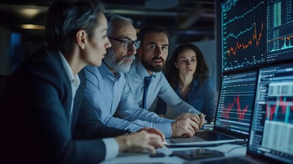 Financial Analysts Reviewing Market Data and Charts on Workstation Screens