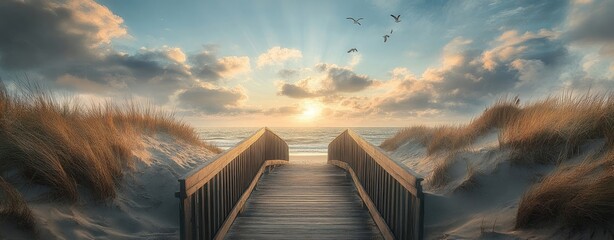 Serene Sunset Over the Beach with a Wooden Walkway
