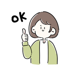 笑顔で親指を立てている女性(文字付)