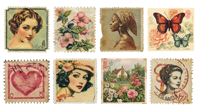Postage stamp png element set, transparent background