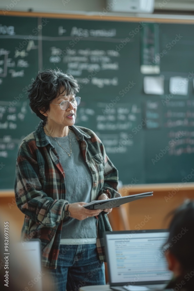 Poster Woman standing in front of a blackboard holding a tablet, educational setting