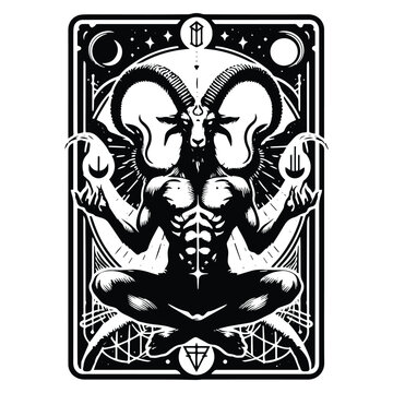 baphomet with tarot card in black and white illustrations, cutout graphic
