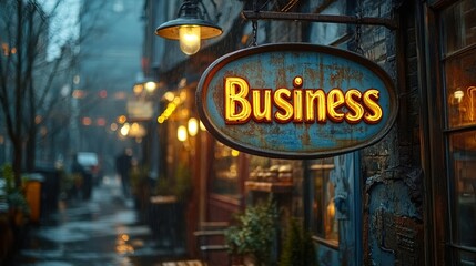 Obraz premium Illuminated business sign on a vintage street in a city on a rainy day, showcasing the ambiance of urban life and small businesses in the community