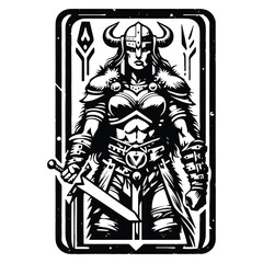 barbarian warrior female with tarot card in black and white illustrations, cutout graphic