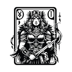 barbarian warrior female with tarot card decoration in black and white illustrations, cutout graphic