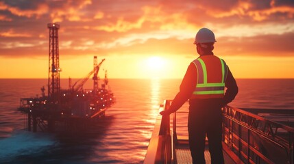 A worker in a hardhat and safety vest stands on an oil rig platform watching the sunset over the ocean