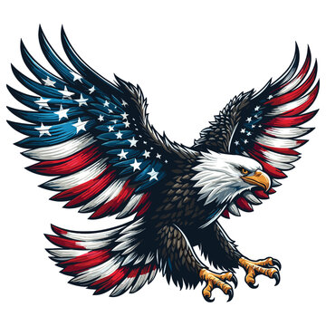 Illustrated bald eagle in flight with American flag wings, vector art, patriotic poster
