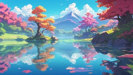 Serene Autumn Landscape with Colorful Trees and Mountains