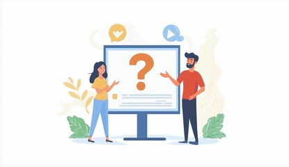 Illustration of two colleagues brainstorming with a question mark on a screen, symbolizing teamwork and creative thinking. Suitable for concepts of collaboration and idea generation.