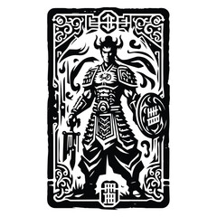 Fototapeta premium chinese warior male with tarot card in black and white illustrations, cutout graphic