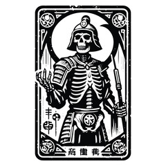 chinese warior skeleton with tarot card in black and white illustrations, cutout graphic