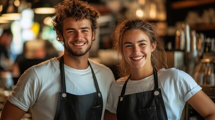 Portrait of two young smiling restaurant workers