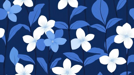 seamless pattern, Beautiful floral pattern with blue and white flowers against a dark background, perfect for fabric or wallpaper design.